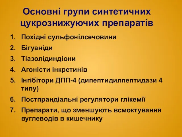 Основні групи синтетичних цукрознижуючих препаратів Похідні сульфонілсечовини Бігуаніди Тіазолідиндіони Агоністи