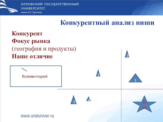 Конкурентный анализ ниши Конкурент Фокус рынка (география и продукты) Наше