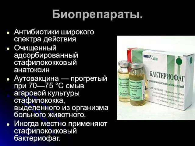 Биопрепараты. Антибиотики широкого спектра действия Очищенный адсорбированный стафилококковый анатоксин Аутовакцина