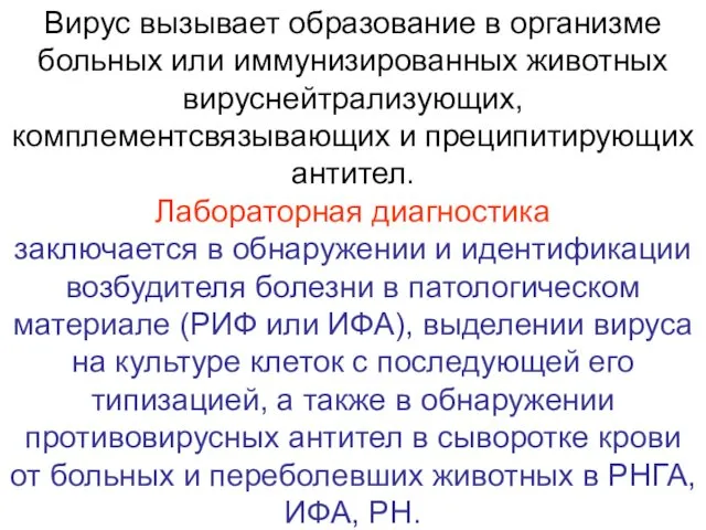 Вирус вызывает образование в организме больных или иммунизированных животных вируснейтрализующих, комплементсвязывающих и преципитирующих