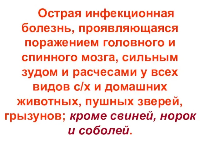 Острая инфекционная болезнь, проявляющаяся поражением головного и спинного мозга, сильным зудом и расчесами