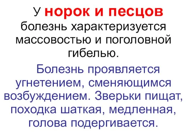 У норок и песцов болезнь характеризуется массовостью и поголовной гибелью. Болезнь проявляется угнетением,