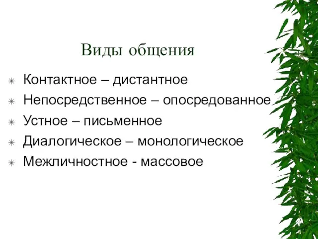 Виды общения Контактное – дистантное Непосредственное – опосредованное Устное –