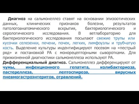 Диагноз на сальмонеллез ставят на основании эпизоотических данных, клинических признаков