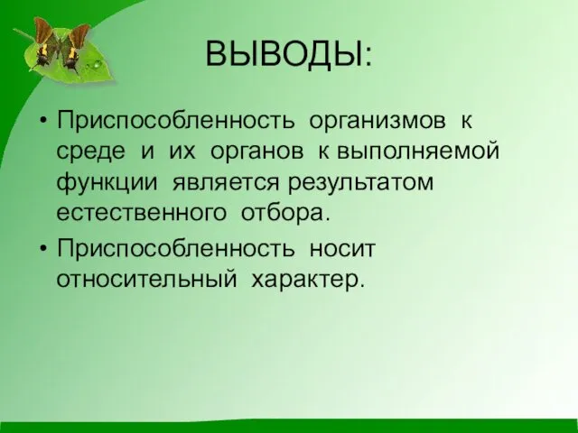 ВЫВОДЫ: Приспособленность организмов к среде и их органов к выполняемой