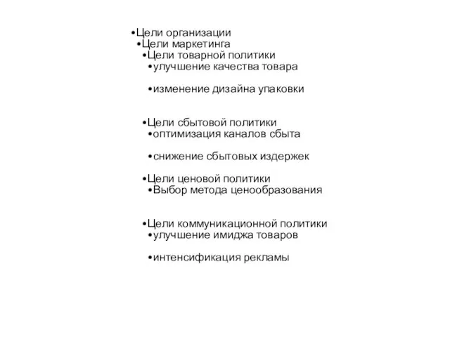 Цели организации Цели маркетинга Цели товарной политики улучшение качества товара