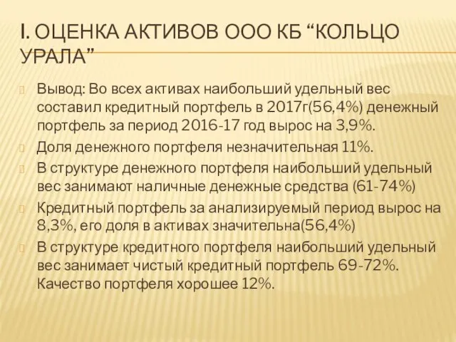 I. ОЦЕНКА АКТИВОВ ООО КБ “КОЛЬЦО УРАЛА” Вывод: Во всех