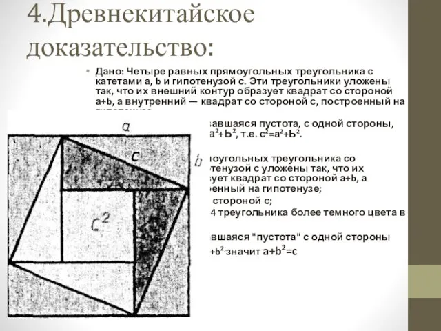 4.Древнекитайское доказательство: Дано: Четыре равных прямоугольных треугольника с катетами а,