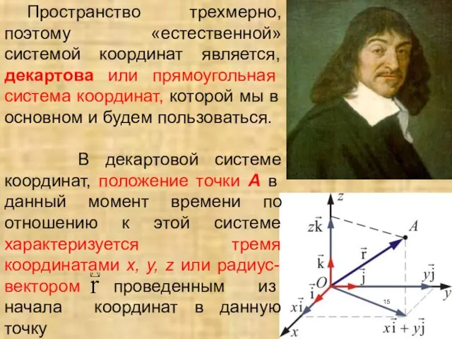 Пространство трехмерно, поэтому «естественной» системой координат является, декартова или прямоугольная