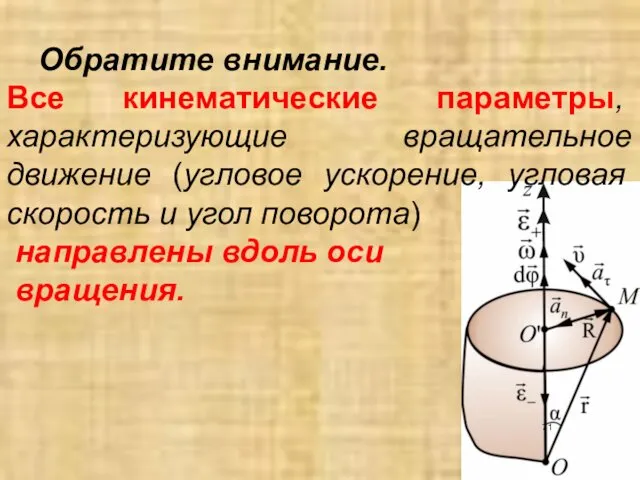 Обратите внимание. Все кинематические параметры, характеризующие вращательное движение (угловое ускорение,