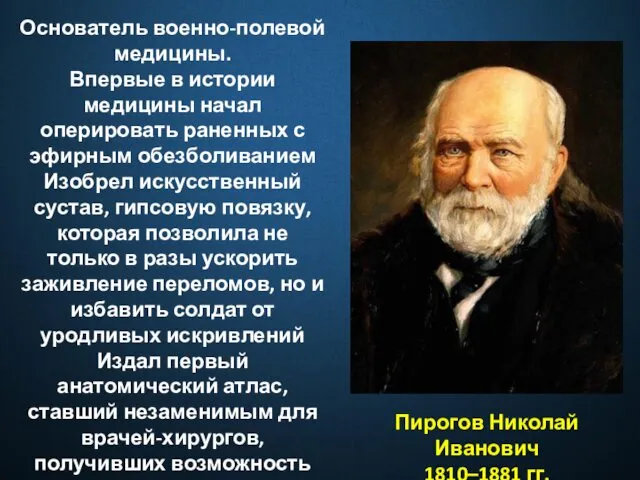 Пирогов Николай Иванович 1810–1881 гг. Основатель военно-полевой медицины. Впервые в