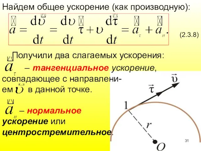 Найдем общее ускорение (как производную): (2.3.8) Получили два слагаемых ускорения: