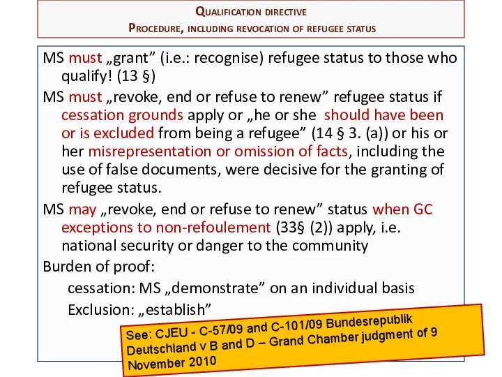 Qualification directive Procedure, including revocation of refugee status MS must