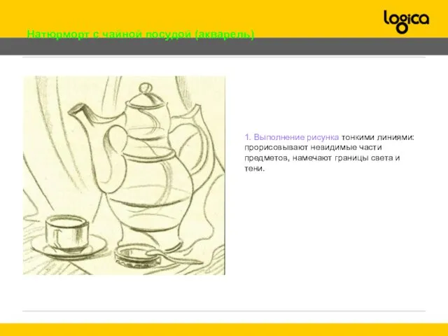 Натюрморт с чайной посудой (акварель) 1. Выполнение рисунка тонкими линиями: прорисовывают невидимые части