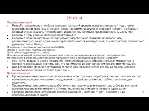 Этапы Подготовительный: Разработка критериев подбора тьюторов (высокий уровень профессиональной подготовки,