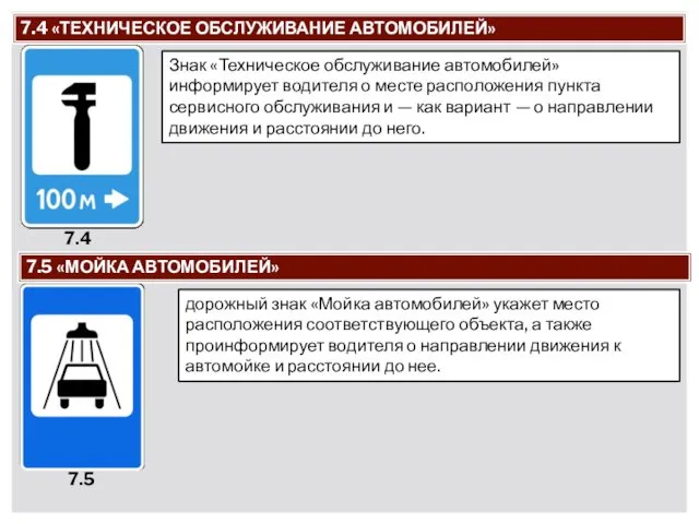 7.4 «ТЕХНИЧЕСКОЕ ОБСЛУЖИВАНИЕ АВТОМОБИЛЕЙ» Знак «Техническое обслуживание автомобилей» информирует водителя