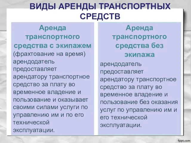 ВИДЫ АРЕНДЫ ТРАНСПОРТНЫХ СРЕДСТВ Аренда транспортного средства с экипажем (фрахтование