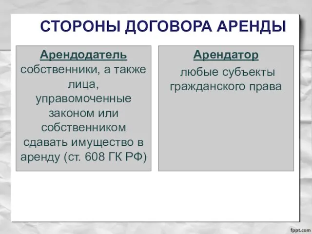 СТОРОНЫ ДОГОВОРА АРЕНДЫ Арендатор любые субъекты гражданского права Арендодатель собственники,