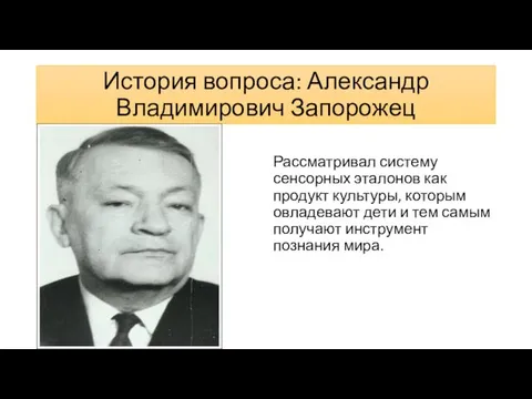 История вопроса: Александр Владимирович Запорожец Рассматривал систему сенсорных эталонов как