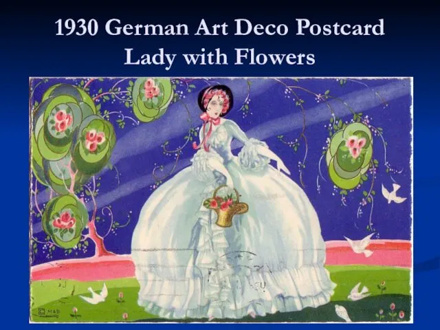 1930 German Art Deco Postcard Lady with Flowers