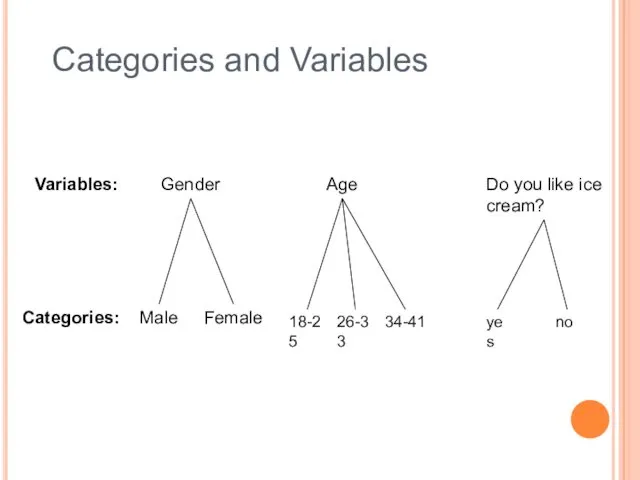 Variables: Categories: Gender Age Male Female 18-25 26-33 34-41 Do you like ice