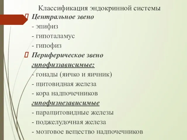 Классификация эндокринной системы Центральное звено - эпифиз - гипоталамус -