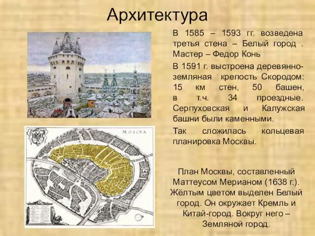 Архитектура В 1585 – 1593 гг. возведена третья стена –