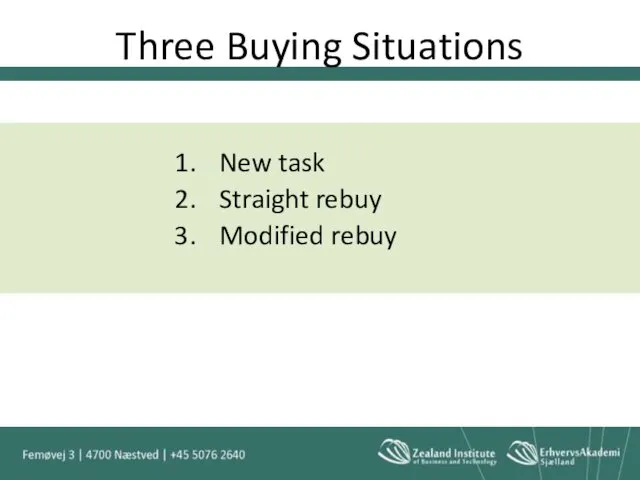 Three Buying Situations New task Straight rebuy Modified rebuy