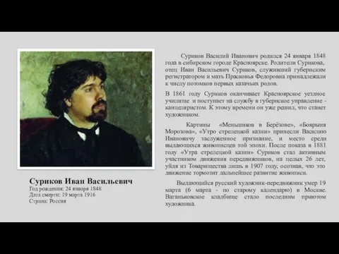 Суриков Иван Васильевич Год рождения: 24 января 1848 Дата смерти: