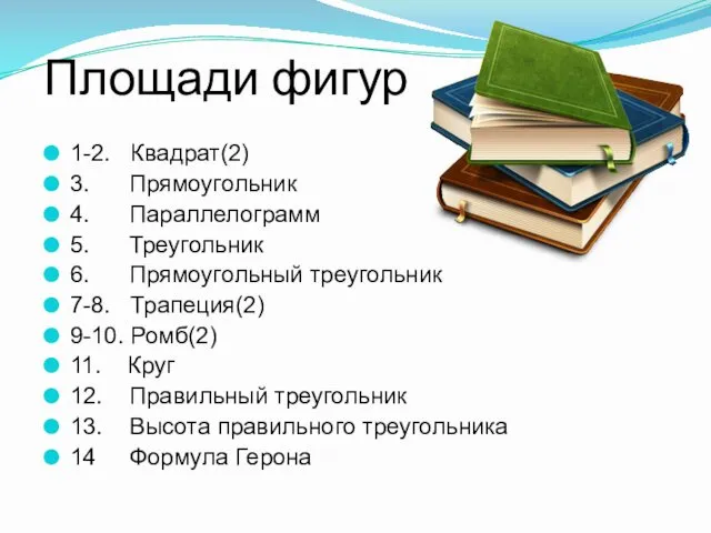 Площади фигур 1-2. Квадрат(2) 3. Прямоугольник 4. Параллелограмм 5. Треугольник