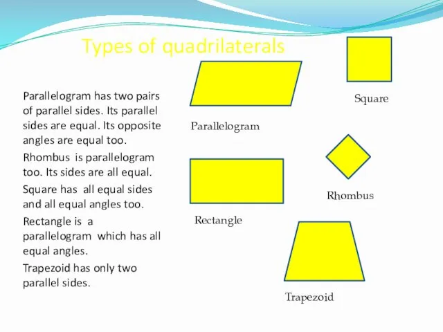 Types of quadrilaterals Parallelogram has two pairs of parallel sides.