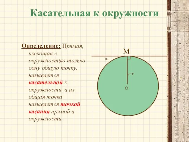 Касательная к окружности Определение: Прямая, имеющая с окружностью только одну