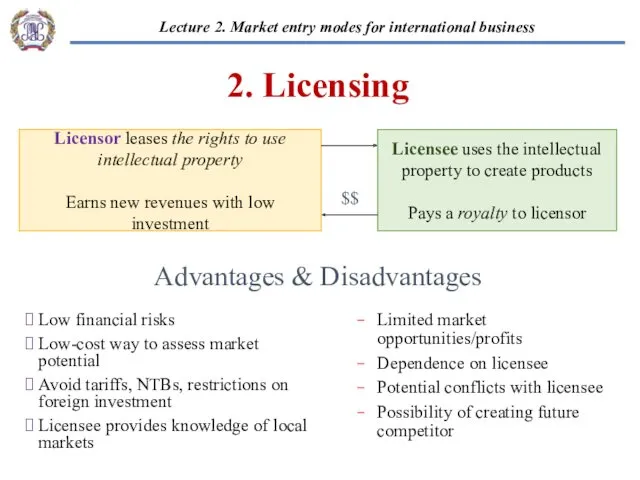 2. Licensing Low financial risks Low-cost way to assess market potential Avoid tariffs,