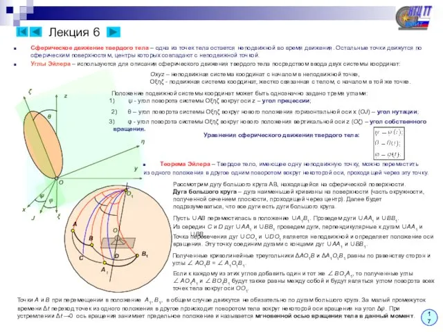 Лекция 6 Сферическое движение твердого тела – одна из точек