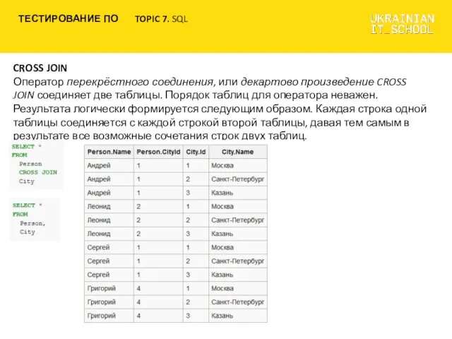 CROSS JOIN Оператор перекрёстного соединения, или декартово произведение CROSS JOIN