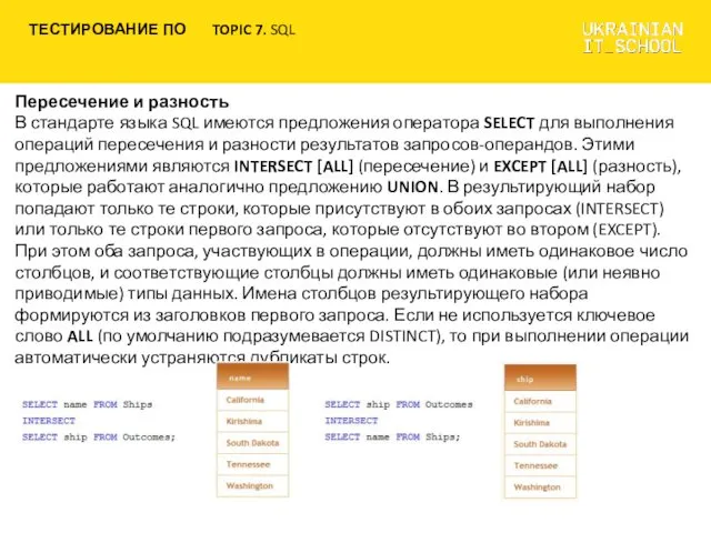 Пересечение и разность В стандарте языка SQL имеются предложения оператора