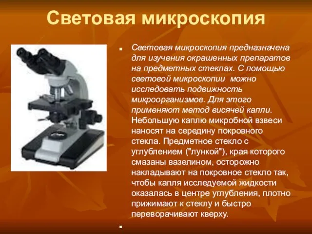 Световая микроскопия Световая микроскопия предназначена для изучения окрашенных препаратов на