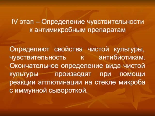 IV этап – Определение чувствительности к антимикробным препаратам Определяют свойства