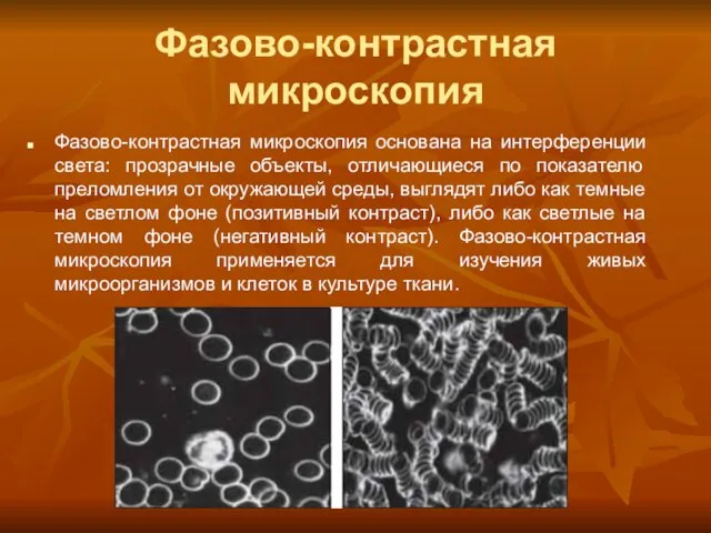Фазово-контрастная микроскопия Фазово-контрастная микроскопия основана на интерференции света: прозрачные объекты,
