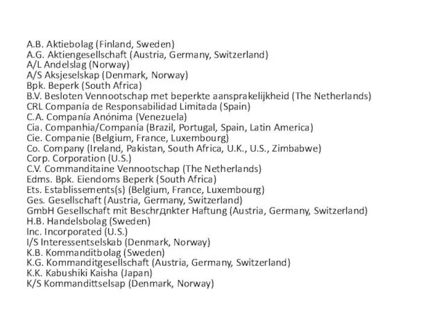 A.B. Aktiebolag (Finland, Sweden) A.G. Aktiengesellschaft (Austria, Germany, Switzerland) A/L