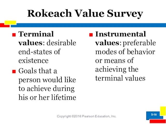 Rokeach Value Survey Terminal values: desirable end-states of existence Goals