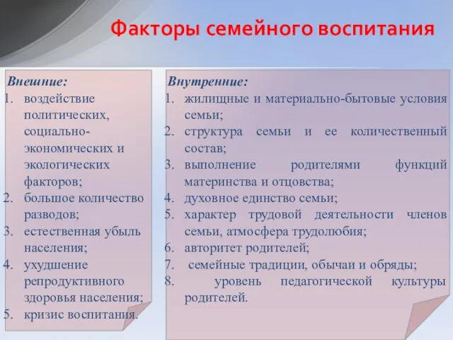 Внешние: воздействие политических, социально-экономических и экологических факторов; большое количество разводов;