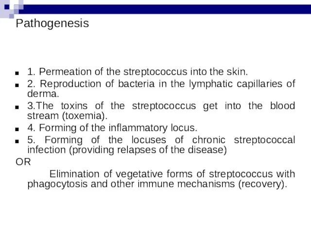 Pathogenesis 1. Permeation of the streptococcus into the skin. 2. Reproduction of bacteria
