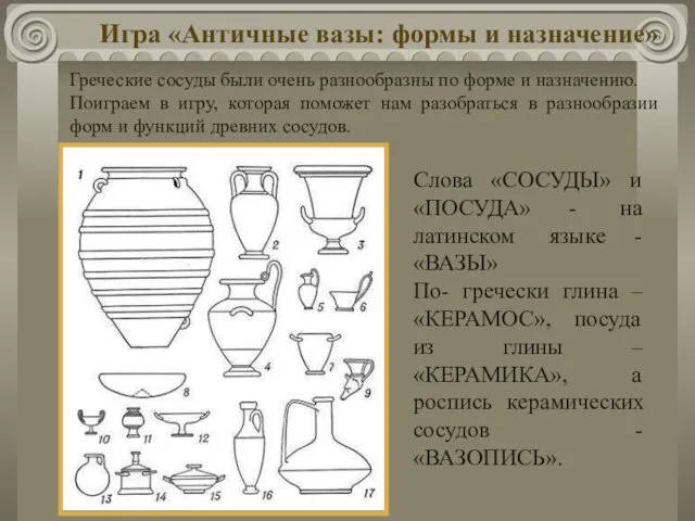 Игра «Античные вазы: формы и назначение» Греческие сосуды были очень