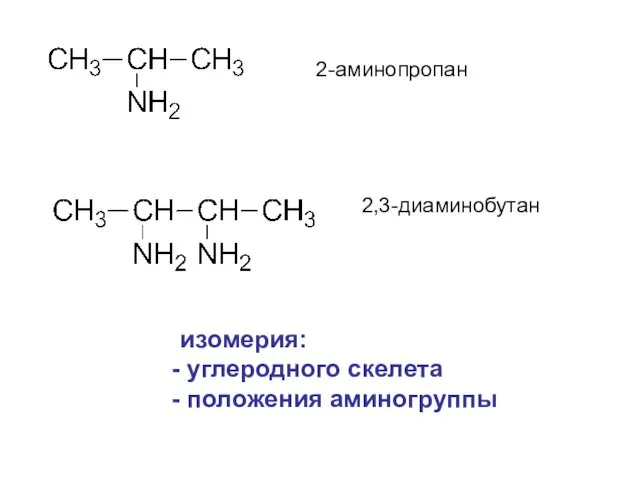 2-аминопропан 2,3-диаминобутан изомерия: углеродного скелета положения аминогруппы