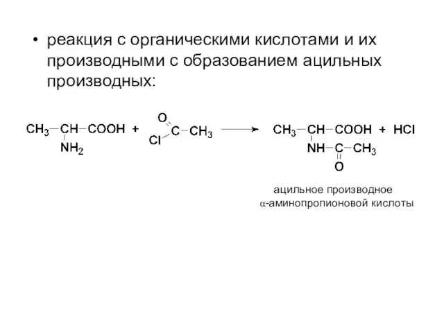 реакция с органическими кислотами и их производными с образованием ацильных производных: ацильное производное α-аминопропионовой кислоты