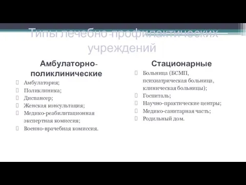 Типы лечебно-профилактических учреждений Амбулаторно-поликлинические Амбулатория; Поликлиника; Диспансер; Женская консультация; Медико-реабилитационная