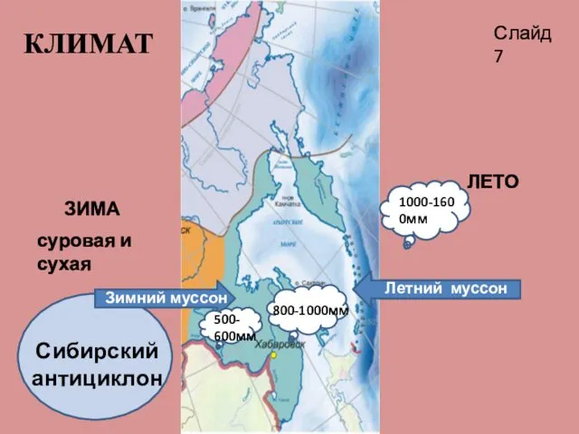 Сибирский антициклон ЗИМА ЛЕТО Летний муссон Зимний муссон КЛИМАТ 800-1000мм