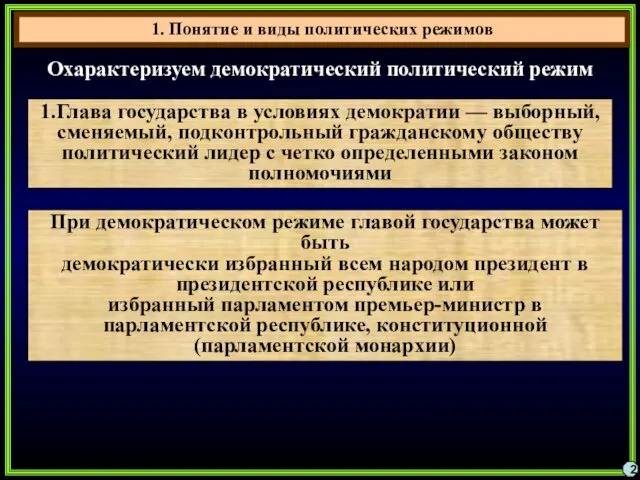 1. Понятие и виды политических режимов 2 Охарактеризуем демократический политический