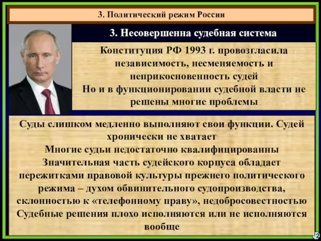 3. Политический режим России 2 3. Несовершенна судебная система Конституция